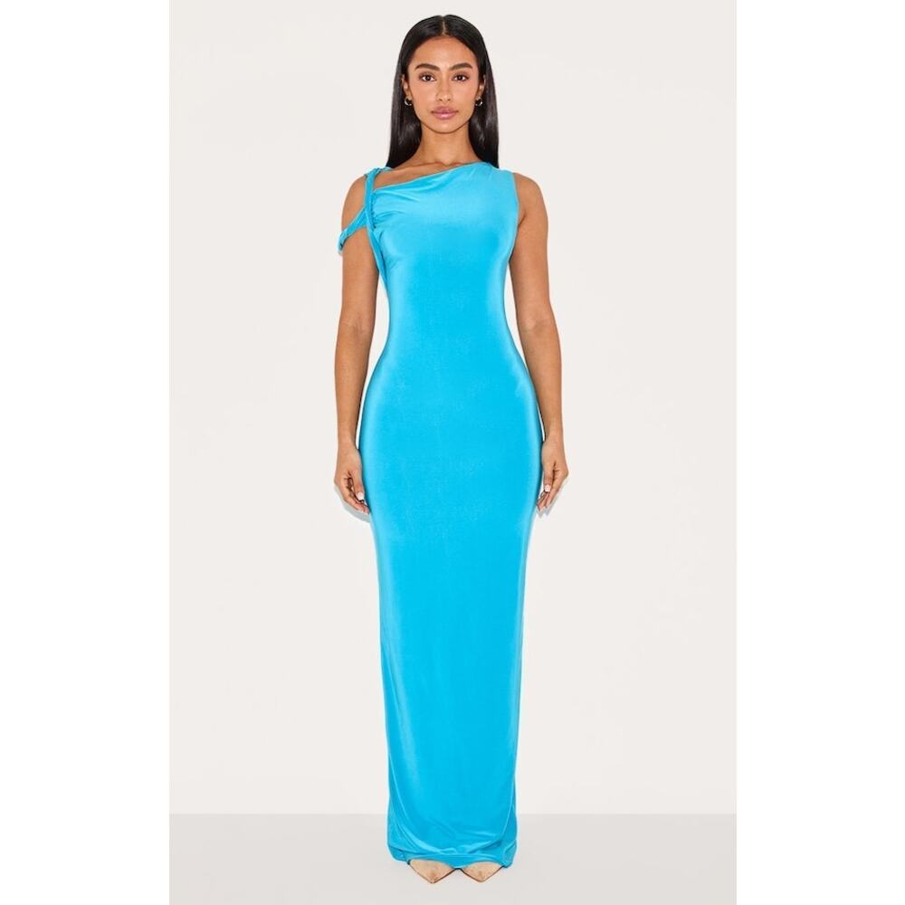 Evening ready maxi dress Pretty Little Thing Petite Blue Slinky  Size Large - Picture 2 of 13